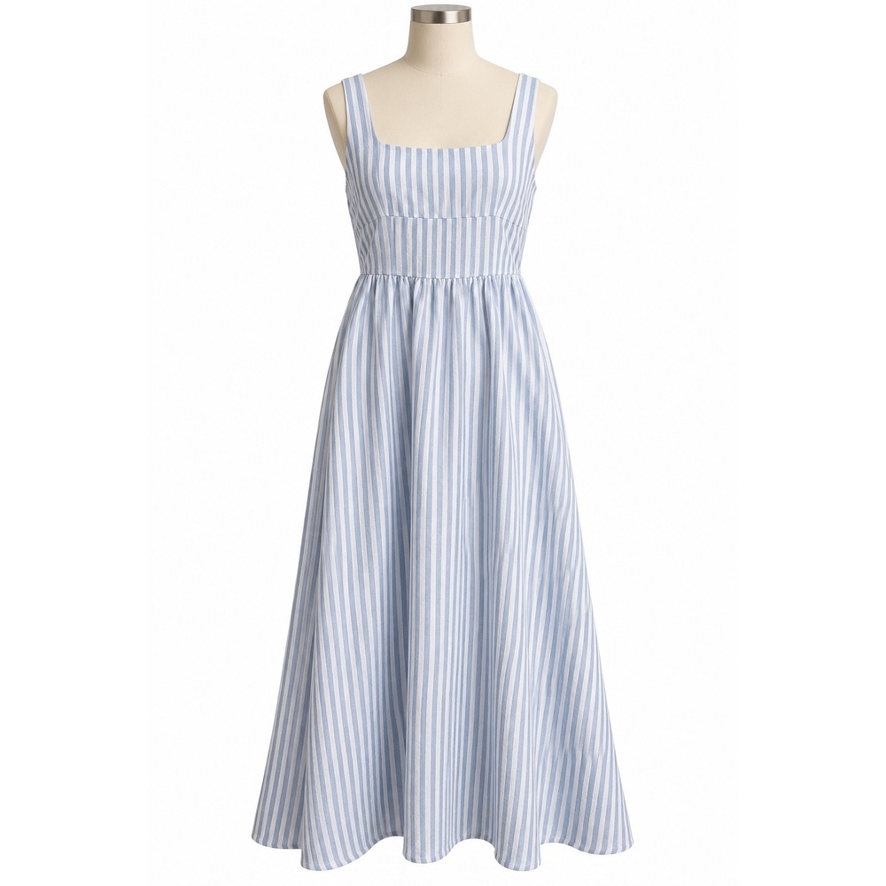 Quince 100% European Linen Fit & Flare Midi Dress Sky Blue Mariner Stripe M